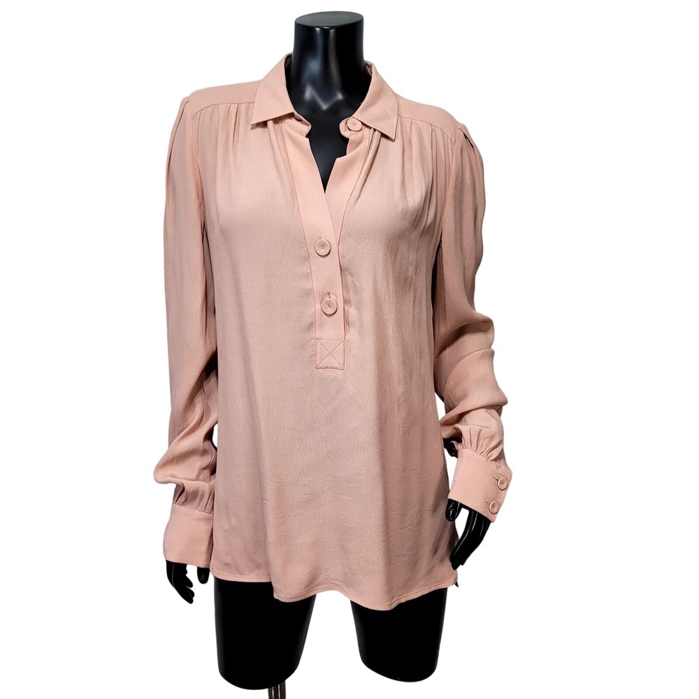 Diane Von Furstenberg Womens 8 Pale Pink Crepe Long Sleeve Collared V Neck Top